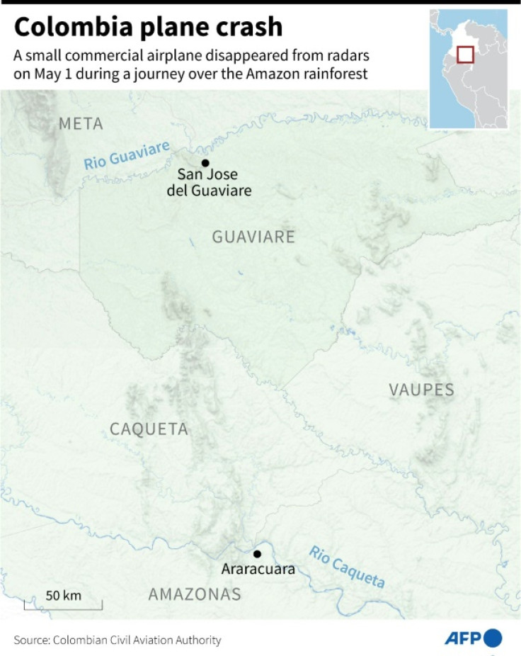 Mapa de Colombia que muestra el área donde un pequeño avión comercial desapareció de los radares el 1 de mayo durante un viaje sobre la selva amazónica.