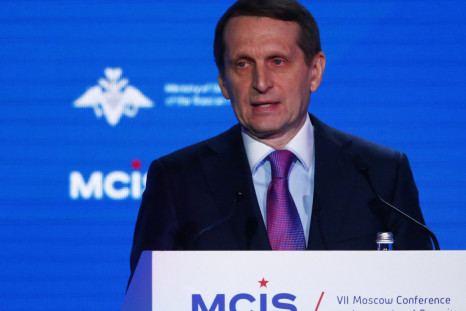 Sergey Naryshkin, jefe de la agencia de inteligencia exterior de Rusia, pronuncia un discurso durante la Conferencia anual de Moscú sobre Seguridad Internacional en Moscú.